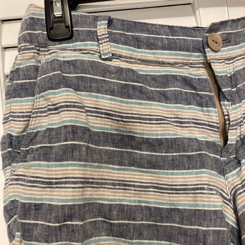 British Khaki 100% Linen Tan And Blue Striped Shorts Size 2 - Picture 2 of 9